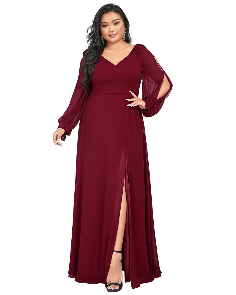 Front of a model wearing a size 18 Open Lantern Sleeve A-Line Bridesmaid Dress in Burgundy by Ever-Pretty. | dia_product_style_image_id:324195